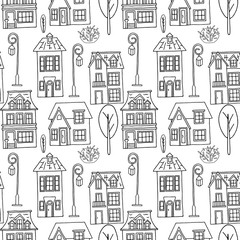 Vector seamless pattern with the image of vintage monochrome houses, street lamps and plants. Design for printing postcards, posters, flyers, wrapping paper