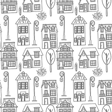 Vector seamless pattern with the image of vintage monochrome houses, street lamps and plants. Design for printing postcards, posters, flyers, wrapping paper