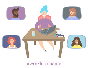 Happy young woman spend online meeting during quarantine. Stay home work from home concept. Colleagues taking part in video conference. Online communication virtual work meeting. Vector flat style.
