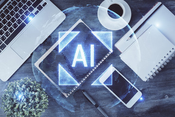Double exposure of technology theme drawing over work table desktop. Top view. Global data analysis concept.