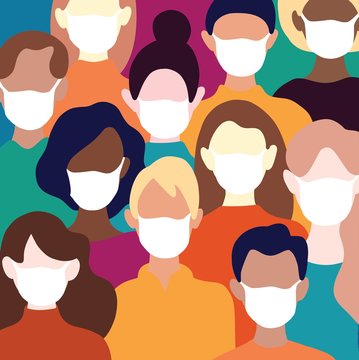 Novel coronavirus in China (COVID-19 / 2019-ncov). Crowd of People in white medical face mask. Concept of coronavirus quarantine vector illustration. Pandemic.