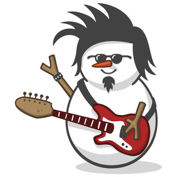 Funny rocker snowman with spiked hair, sunglasses and a red guitar doing devil sign. Can represent a Halloween disguise, metal or rock and roll music, a performance, a punk show and winter fun.