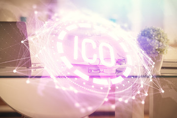 Double exposure of crypto technology theme drawing and office interior background. Concept of blockchain.