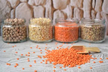 
background of edible pulses in a glass jar