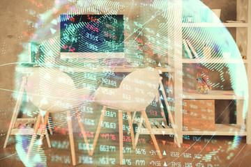 Double exposure of business theme drawing and office interior background. Concept of success