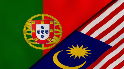 The flags of Portugal and Malaysia. News, reportage, business background. 3d illustration