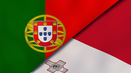 The flags of Portugal and Malta. News, reportage, business background. 3d illustration