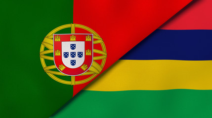 Fototapeta premium The flags of Portugal and Mauritius. News, reportage, business background. 3d illustration
