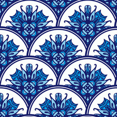 Decor tile texture print mosaic oriental pattern with blue ornament arabesque. Geometric blue and white azulejo ceramic design