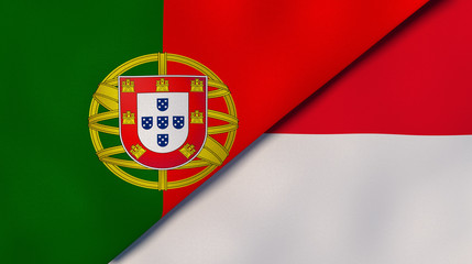 The flags of Portugal and Monaco. News, reportage, business background. 3d illustration