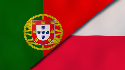 The flags of Portugal and Poland. News, reportage, business background. 3d illustration