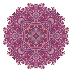 Indian floral paisley ornament. Ethnic Mandala flower print. Vector medallion. Festive colorful folk art style design element isolated