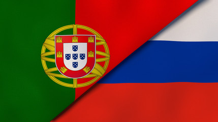 The flags of Portugal and Russia. News, reportage, business background. 3d illustration