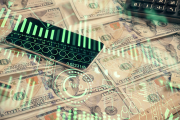 Double exposure of tech theme drawing over usa dollars bill background. Concept of technology.