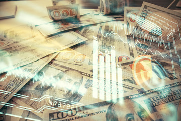 Double exposure of tech theme drawing over usa dollars bill background. Concept of technology.