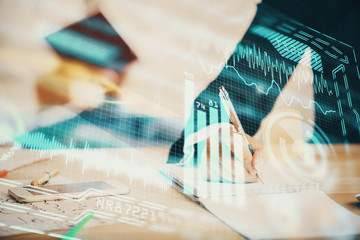 Double exposure of technology theme drawing over people taking notes background. Concept of Tech