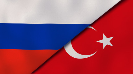 The flags of Russia and Turkey. News, reportage, business background. 3d illustration