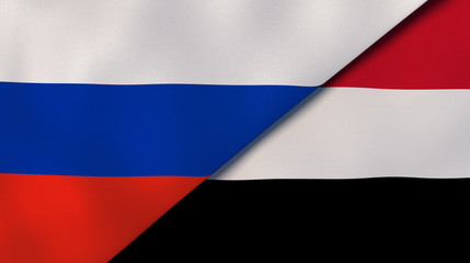 The flags of Russia and Yemen. News, reportage, business background. 3d illustration