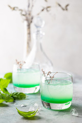 Cold summer drink with basil leaves in glasses. Mojito, iced tea, lemonade with basil.