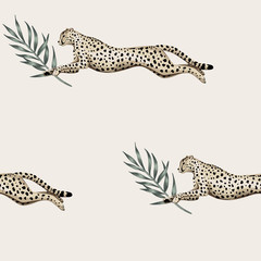 Rocznik zieleni gałąź, gepard działającej przyrody zwierzęcy kwiecisty bezszwowy deseniowy kości słoniowej tło. Tapeta egzotycznej dżungli. - 337853698