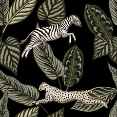 Vintage tropical leaves, zebra, cheetah running wildlife animal floral seamless pattern black background. Exotic safari wallpaper. © good_mood