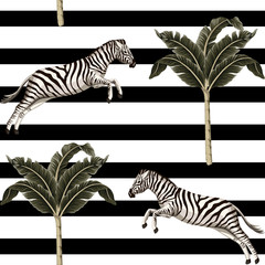 Vintage tropical banana tree, zebra running wildlife animal floral seamless pattern striped background. Exotic safari wallpaper.
