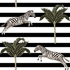 Fotobehang Afrikaanse dieren Vintage tropische bananenboom, zebra running wildlife dierlijke naadloze bloemmotief gestreepte achtergrond. Exotisch safaribehang.