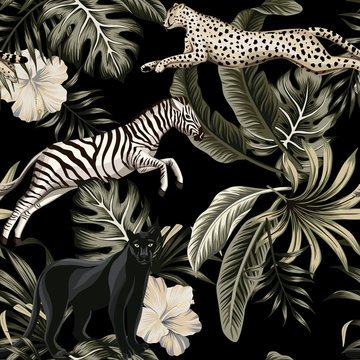 Vintage tropical floral leaves , hibiscus flower, black panther, zebra, cheetah running wildlife animal floral seamless pattern black background. Exotic safari night wallpaper.