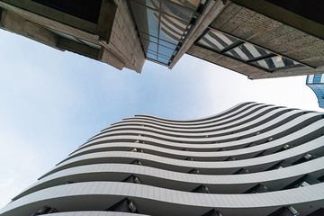 Novi Sad, Serbia July 30, 2019: Modern architecture in Serbia. Waves facade design. Old town...