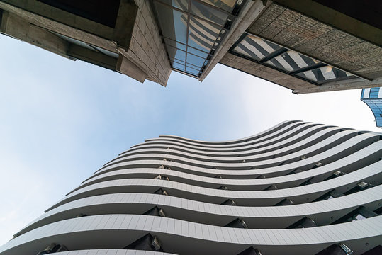 Novi Sad, Serbia July 30, 2019: Modern architecture in Serbia. Waves facade design. Old town (Serbian: Stari grad) in Novi Sad with new buildings.
