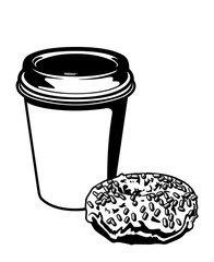 Hot Cup of Coffee with a Sprinkled Donut Black and White Breakfast Vector Graphic Illustration Set
