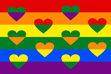 LGBT flag with overlapping hearts between rainbow strips. Vivid spectrum colors. Lesbian, gay, bisexual, and transgender movement.. Vector design