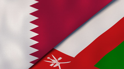 The flags of Qatar and Oman. News, reportage, business background. 3d illustration