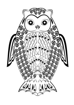 Monochrome tribal owl tatoo, symmetric owl figure, black and white drawing, wisdom symbol,vector template