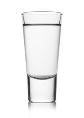 Glass shot of russian pure vodka on white background