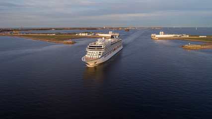 Aerial photography of a liner sailing through the dam gate in the Gulf of Finland.