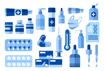 Pharmacy purchases, pharmaceutical products, pills, capsules, drugs, medicament, medical supplies. Set of medical goods, tubes, bottles, containers. Vector illustration isolated on white