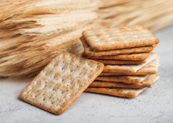 Stack of square organic crispy wheat and corn flatbread crackers with sesame and salt on light...