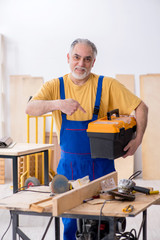 Old male carpenter working in workshop