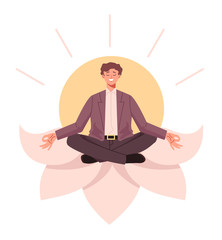 Businessman office worker character sitting in lotus position and relaxin. Vector flat cartoon graphic design illustration