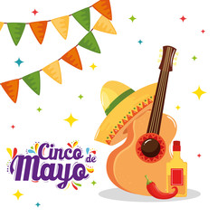 Mexican guitar hat chilli and tequila bottle design, Cinco de mayo mexico culture tourism landmark latin and party theme Vector illustration