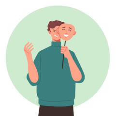 Bad man character wear good mask concept. Vector flat cartoon graphic design isolated illustration