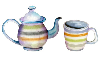 Set of handdrawn watercoor elements isolated on white background: cup and teapot.