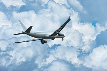 Fototapeta na wymiar Passenger plane is ready for landing in the cloudy sky.