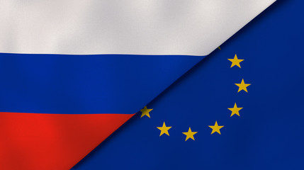The flags of Russia and European Union. News, reportage, business background. 3d illustration