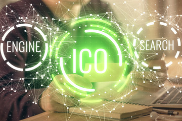 Double exposure of man's hands holding and using a phone and crypto currency blockchain theme...
