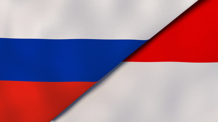 The flags of Russia and Indonesia. News, reportage, business background. 3d illustration