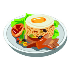American fried rice, fried egg, sausage, yummy, placed on a plate.