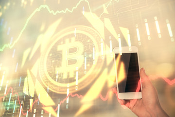 Double exposure of blockchain business sketch hologram and woman holding and using a mobile device.