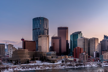 Fototapeta na wymiar Calgary's skyline at night along the Bow River. 